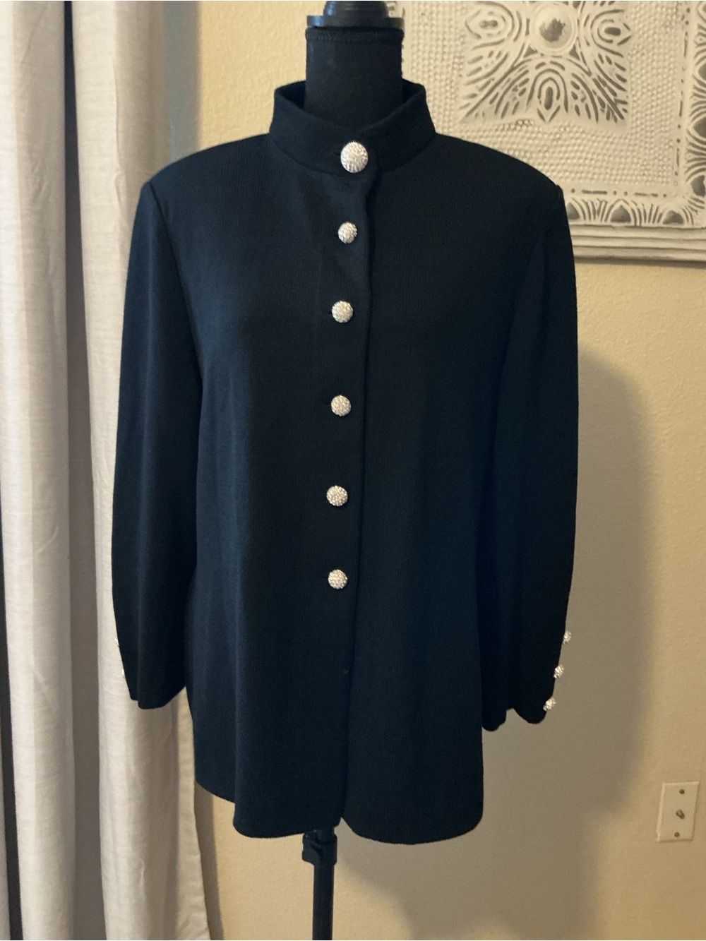 St. John Black Button-Front Knit Blazer with Decorative Rhinestone Buttons